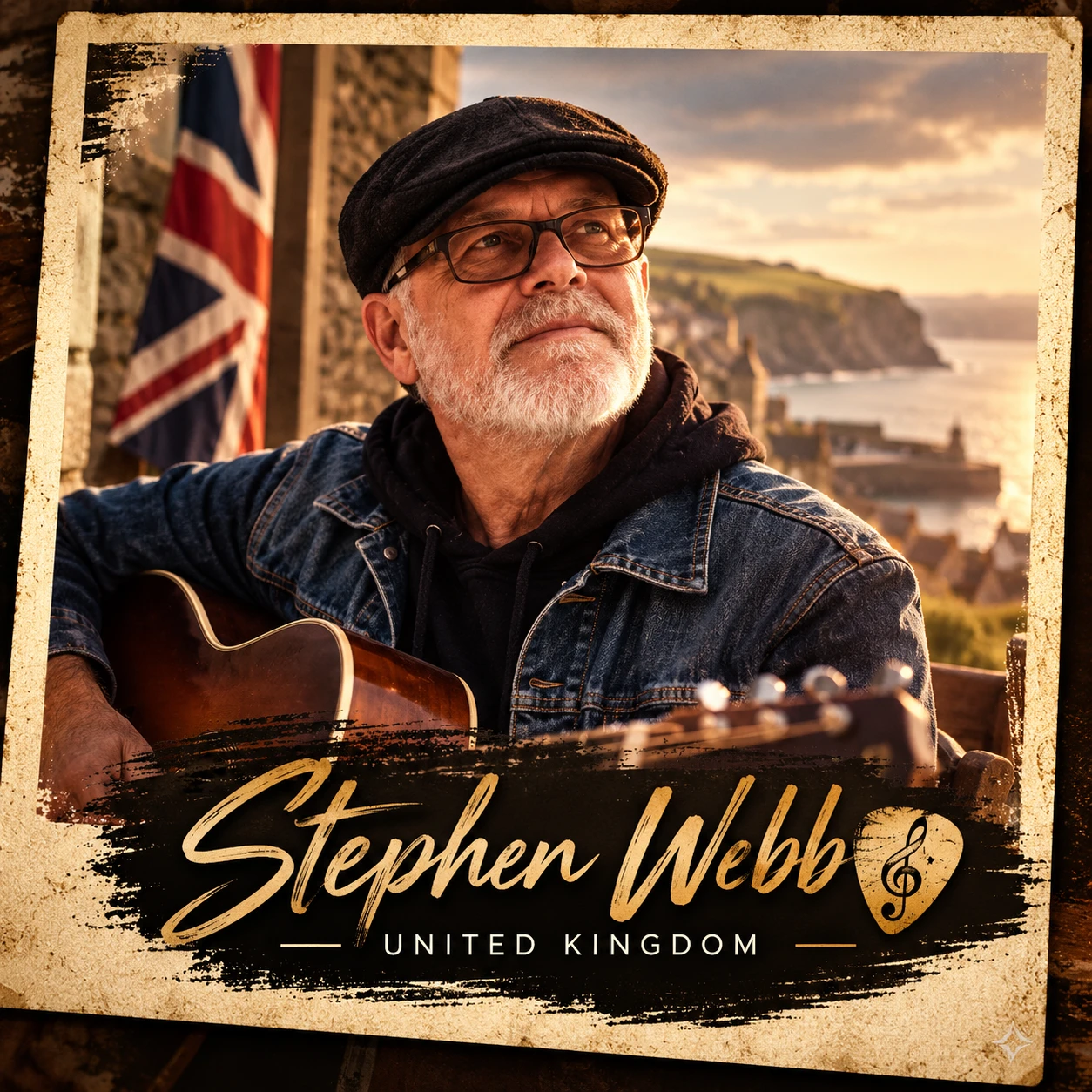 Stephen Webb with a guitar by the British coast
