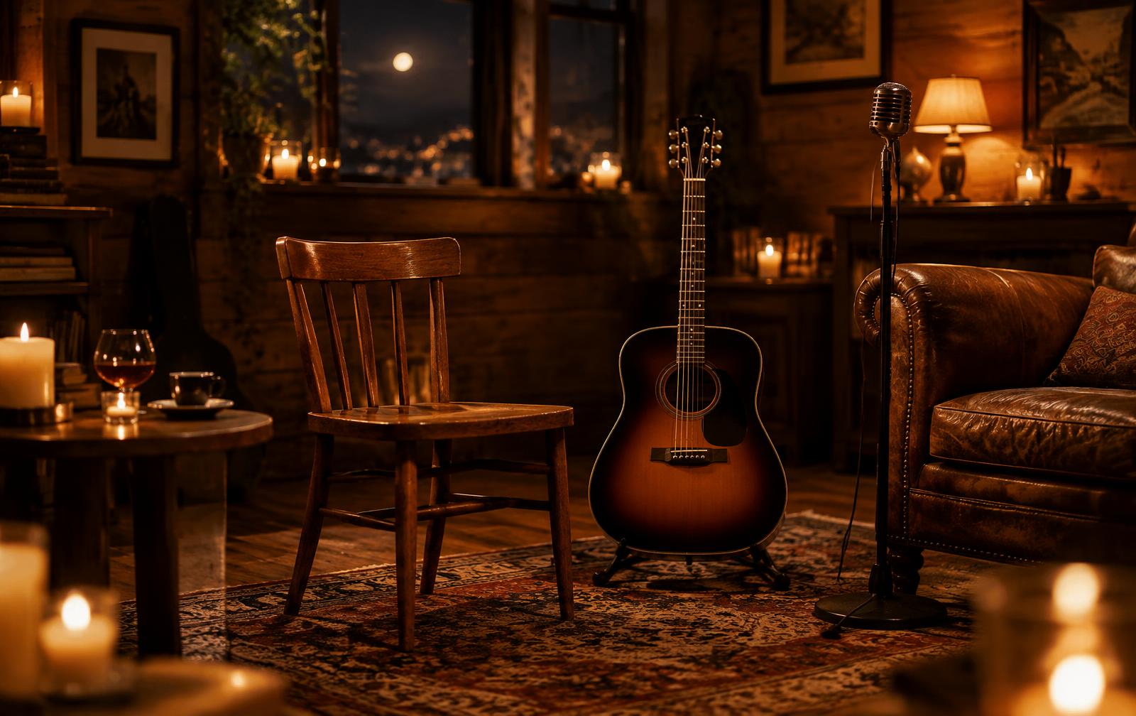 A candlelit music room with a chair, guitar and microphone