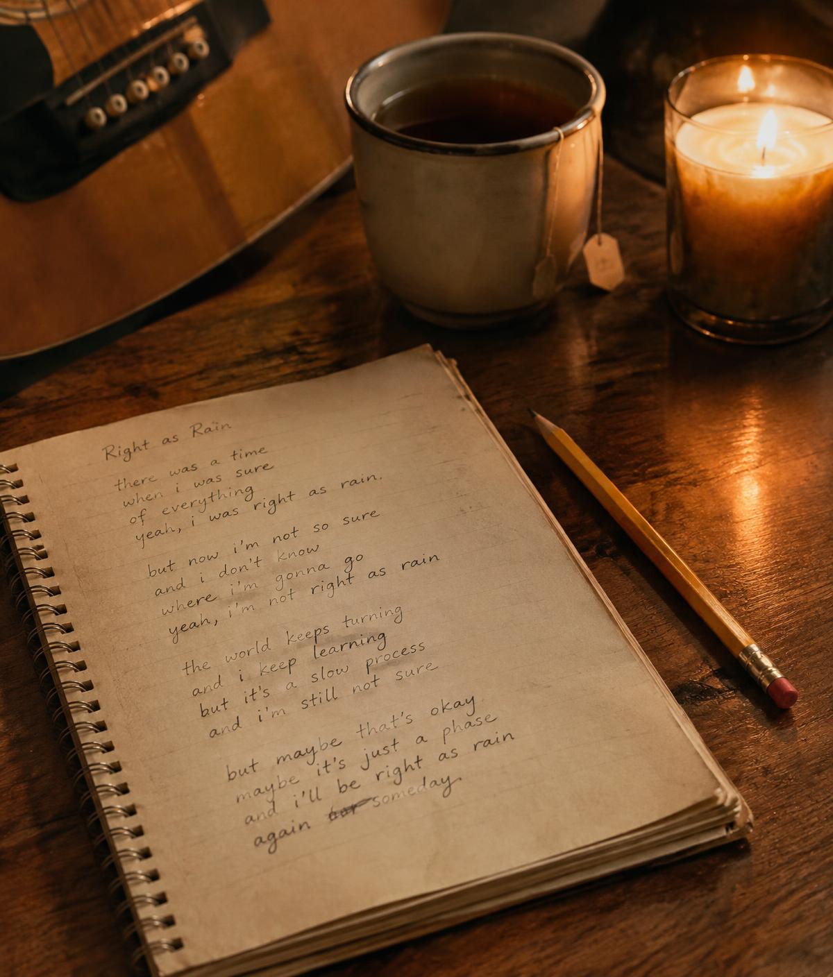 Handwritten lyrics in a notebook beside a guitar and candle